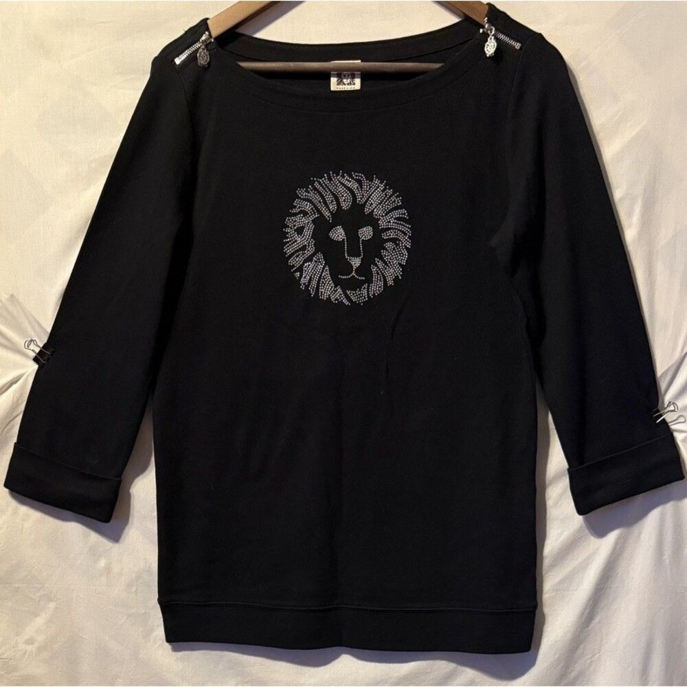 Anne Klein Black Lion Head Bling Boat Neck Zipper Pullover Top Size S NWOT